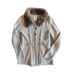 Max Studio Kids Girls M 7/8 Cable Knit Cardigan Sweater Leopard Faux Fur Collar